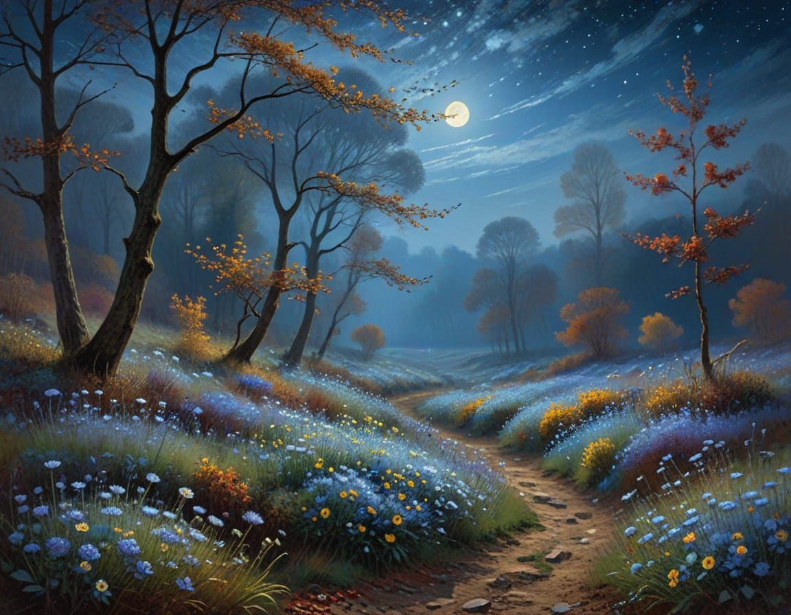 Autumn Leaves Fall Under Moonlit Sky with Wildflowers