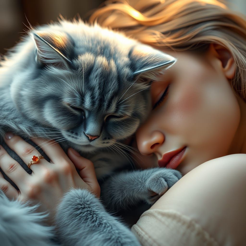 Serene Cat and Owner Slumber Together in Harmonious Portrait