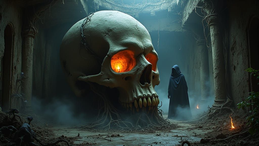 Ethereal Skull in a Haunting, Abandoned Mansion Scene