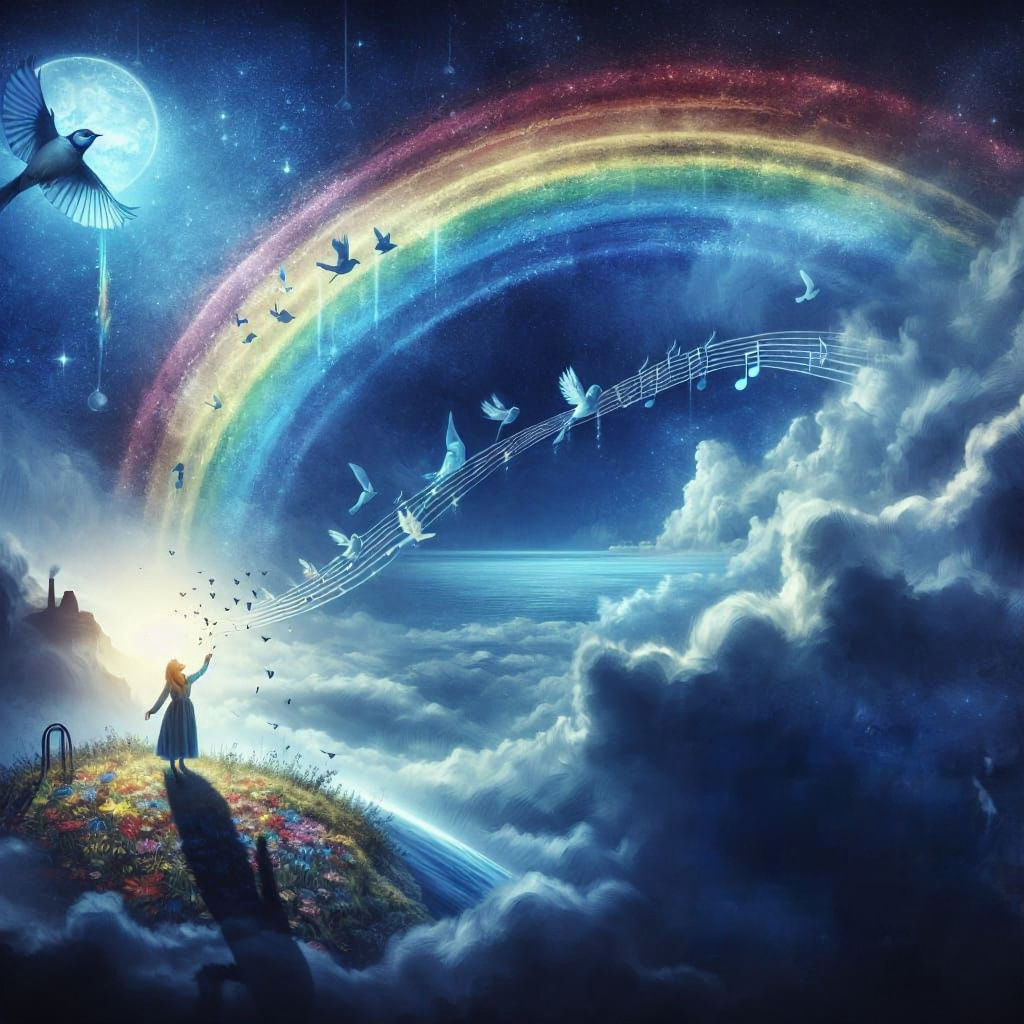 Dreamy Rainbow with Bluebirds Flying High Above