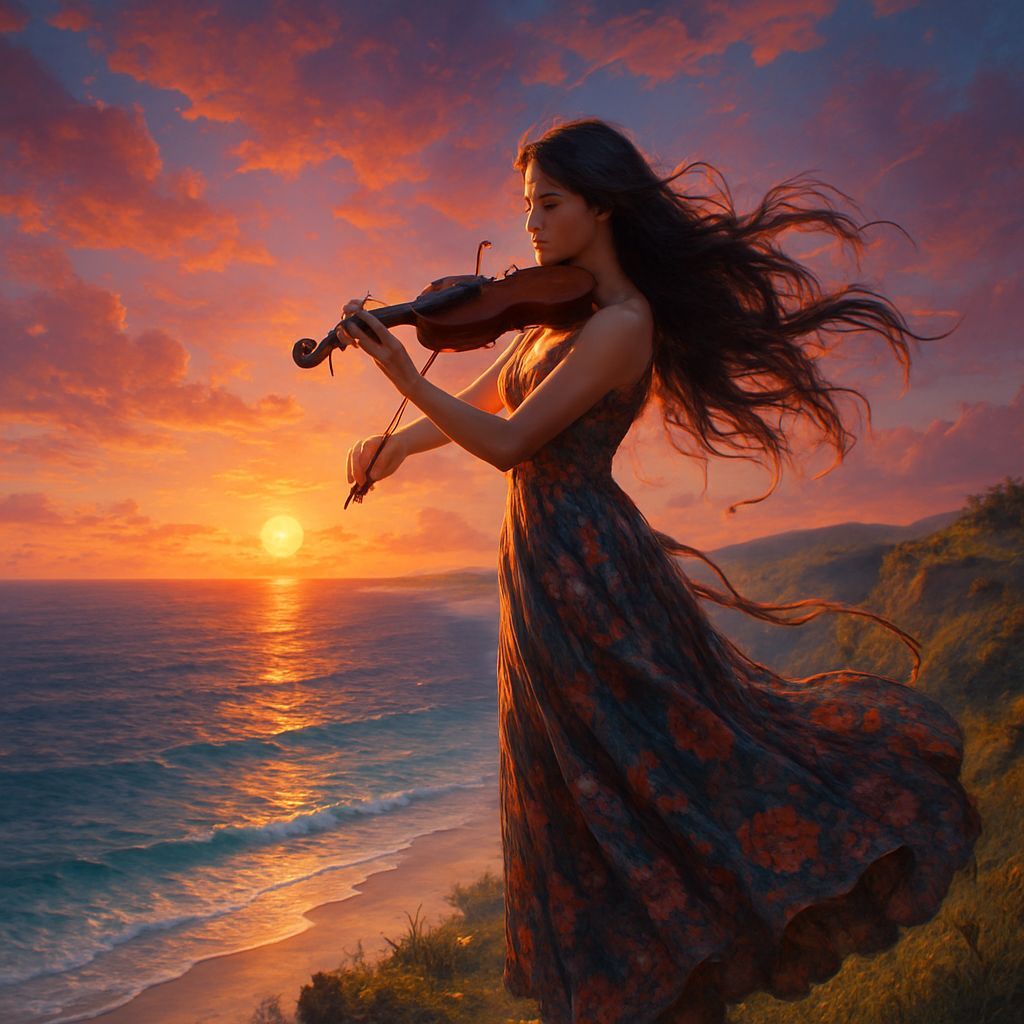 Violinist on Ocean Cliff at Sunset