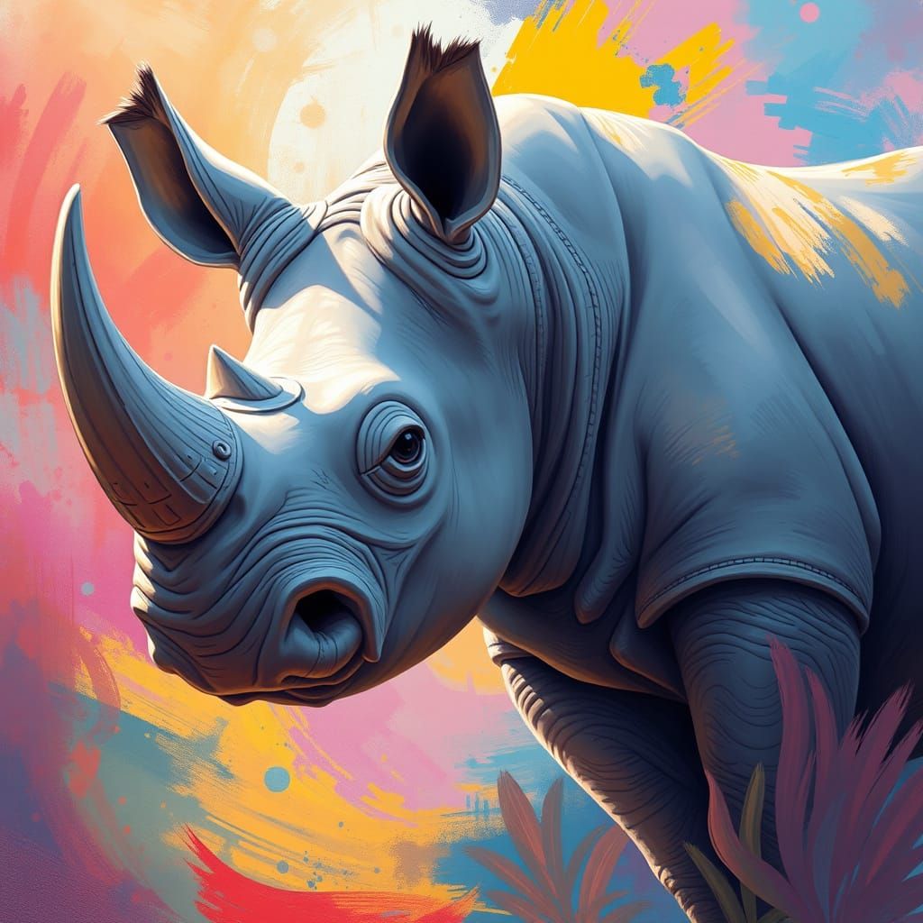 Cute White Rhino in Vibrant Fantasy World