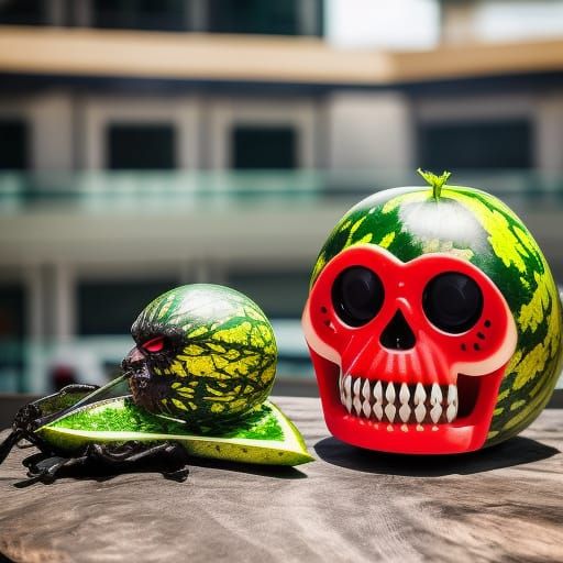 Horrifying Watermelon Skull Robot with Eyeball: Photorealist...