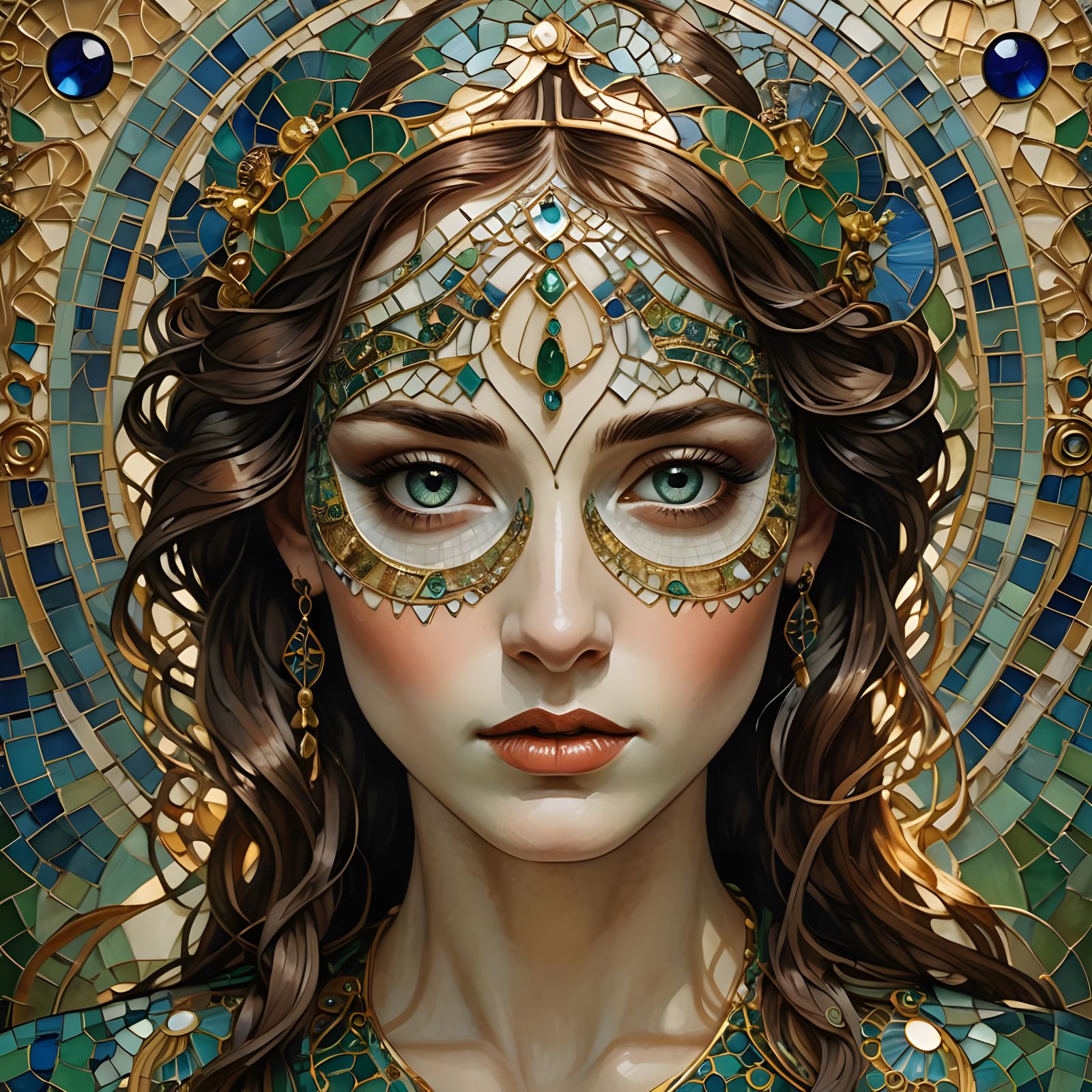 Create a close-up digital painting of a woman's face decorat...
