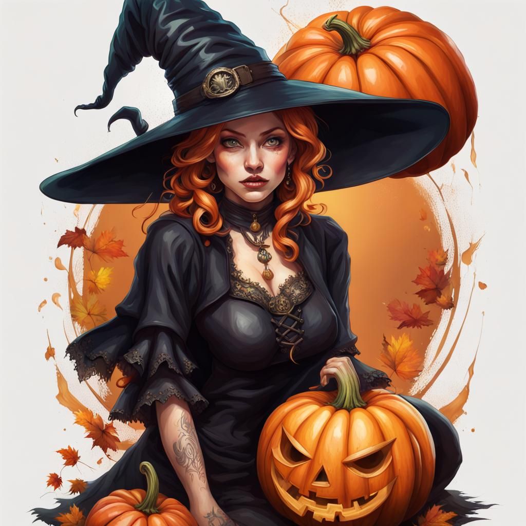 Ornate Witch Hat and Boots with Pumpkin