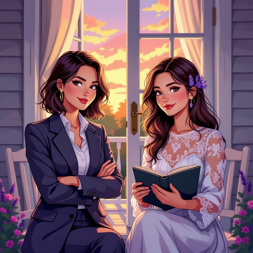 Two Women on a Porch at Dusk in Pastel