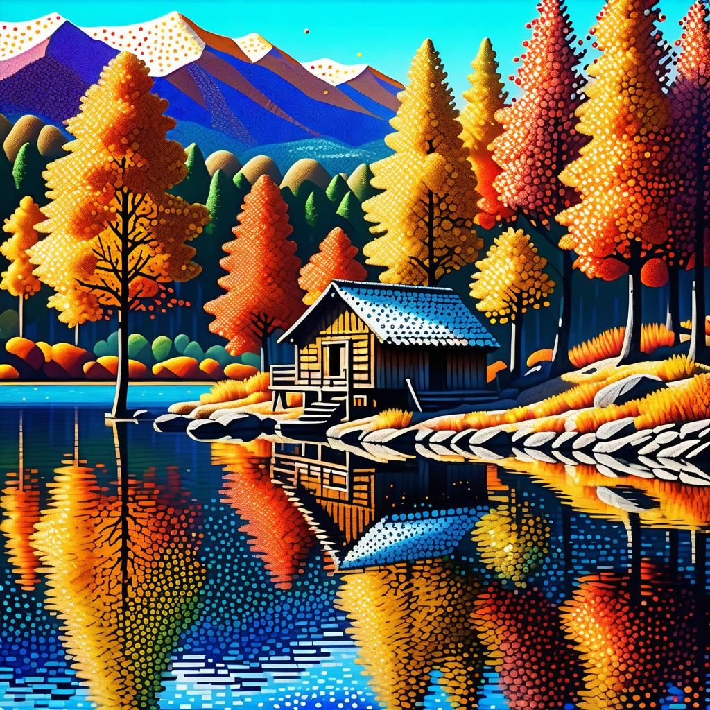 a Fishermans hut at a Lake, in autumn pronounced 3d pointillism structures, scenic Background including Mountains and im...