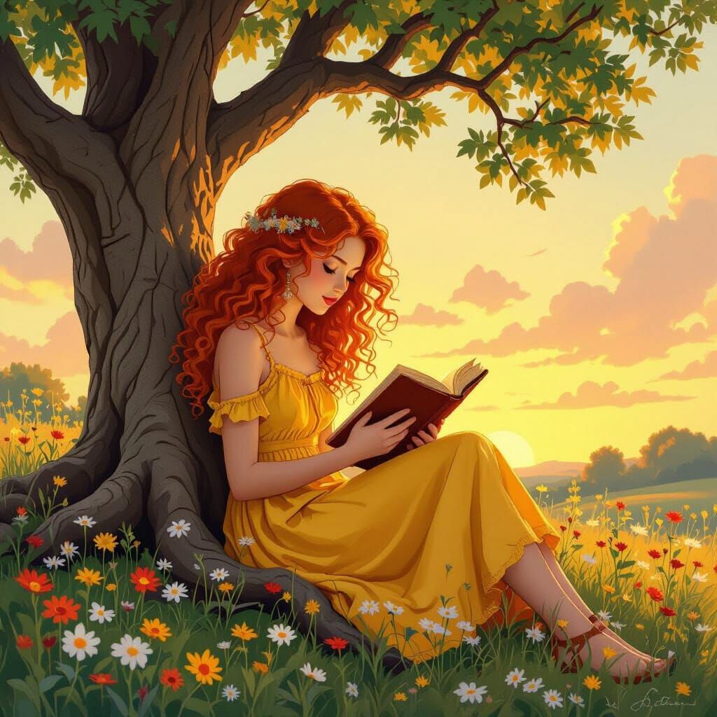 Girl Reading at Sunset in Art Nouveau Style