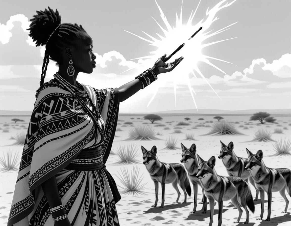 African Sorceress Faces Jackals in Charcoal Drawing Style