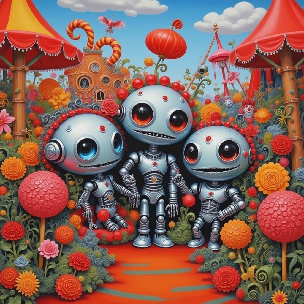 Cute Robots in Flower Garden, Animated Fantasy Style