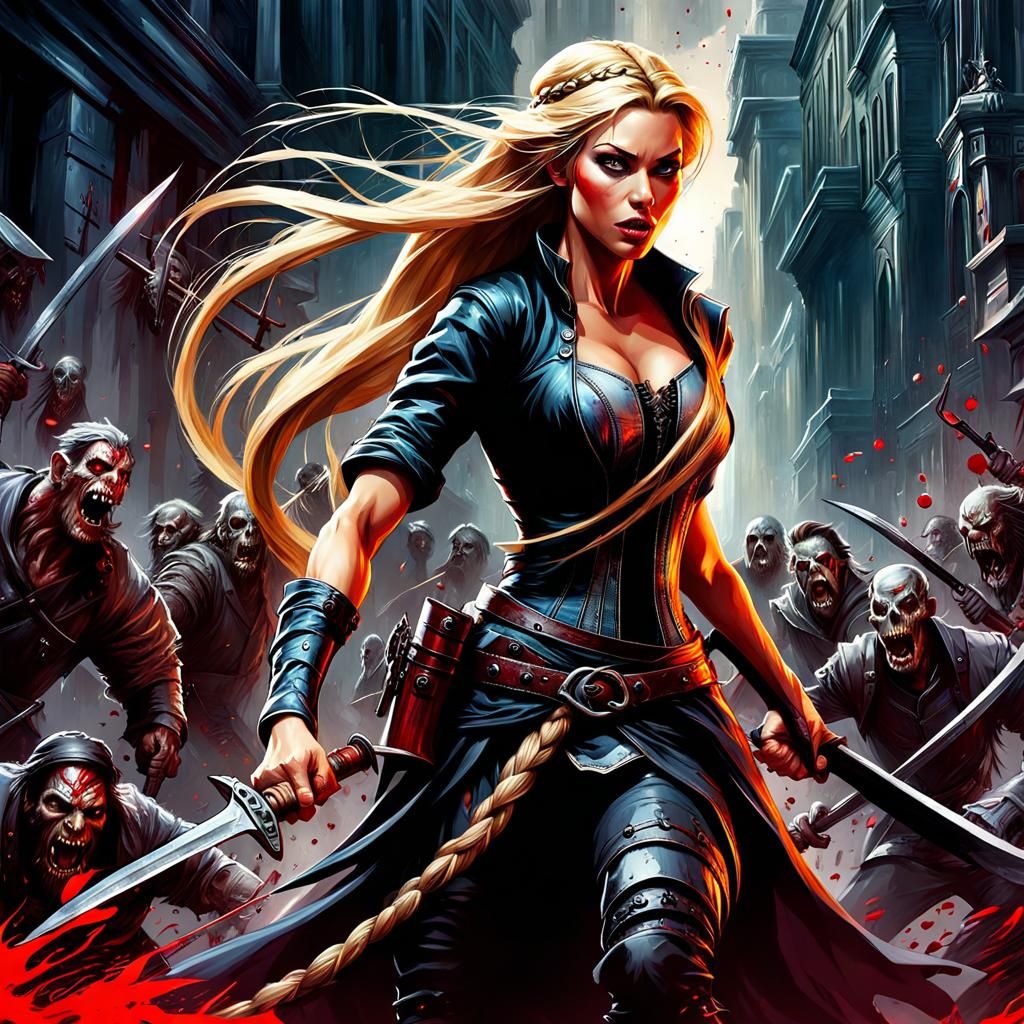 Post-Apocalyptic Rapunzel Slaying Zombies as Impasto Paintin...