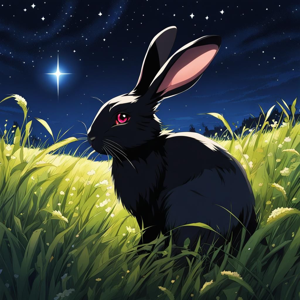 Black Rabbit Under Starry Sky in Anime Style