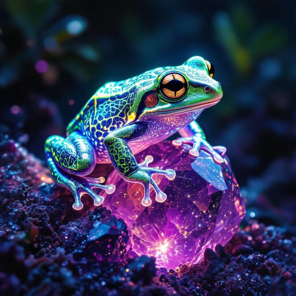 Bioluminescent Tree Frog on Amethyst Crystal