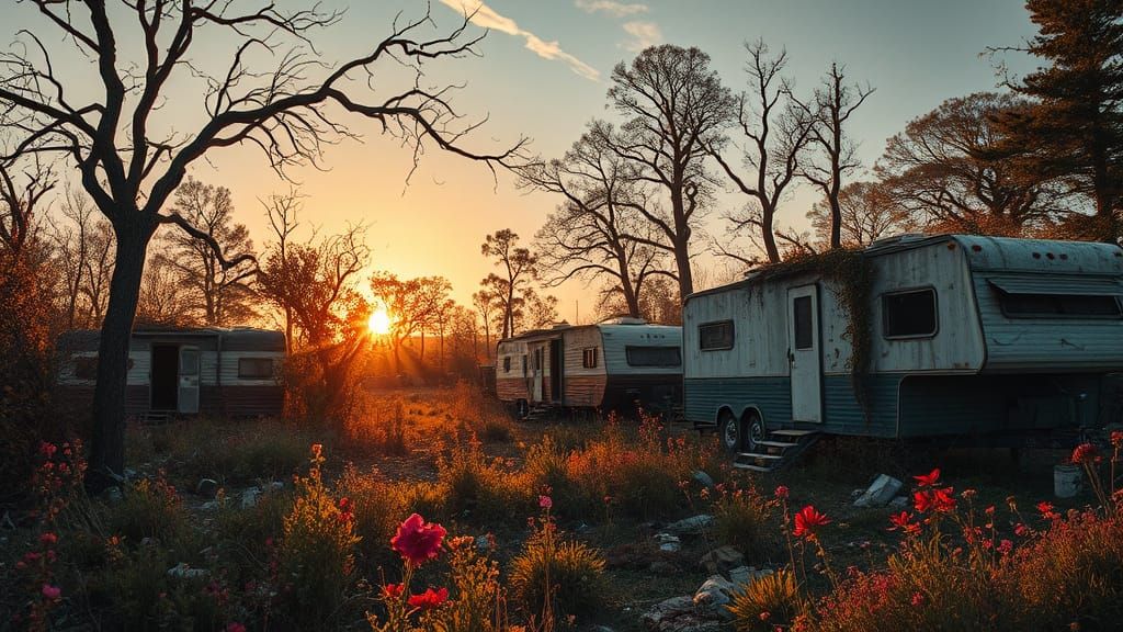 Surreal Thornyvale Trailer Park Landscape in Dreamlike Autum...