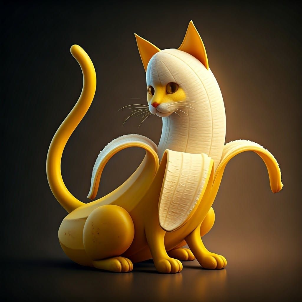 Surrealist Banana Cat Sculpture in Whimsical Digital Art