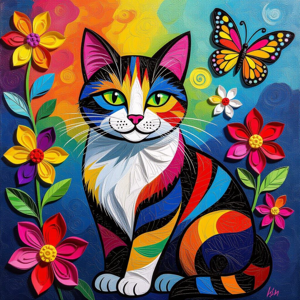Vibrant Cat Among Flowers in Neon Folk Art Style