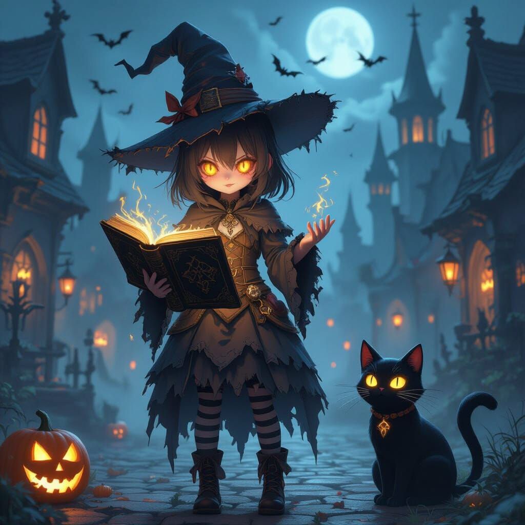 Terrifying Anime Witch in Haunted Halloween Square