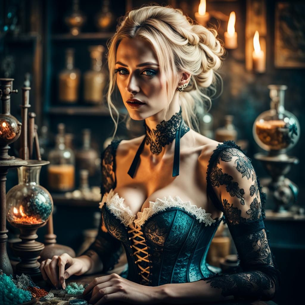 Alchemist Woman in Dark Studio with Cinematic Lighting