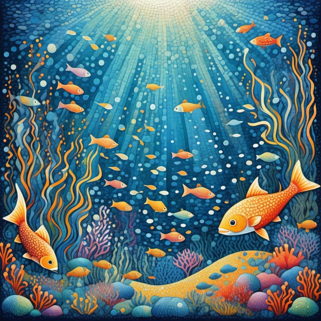 Whimsical Underwater Scene in Pointillist Style