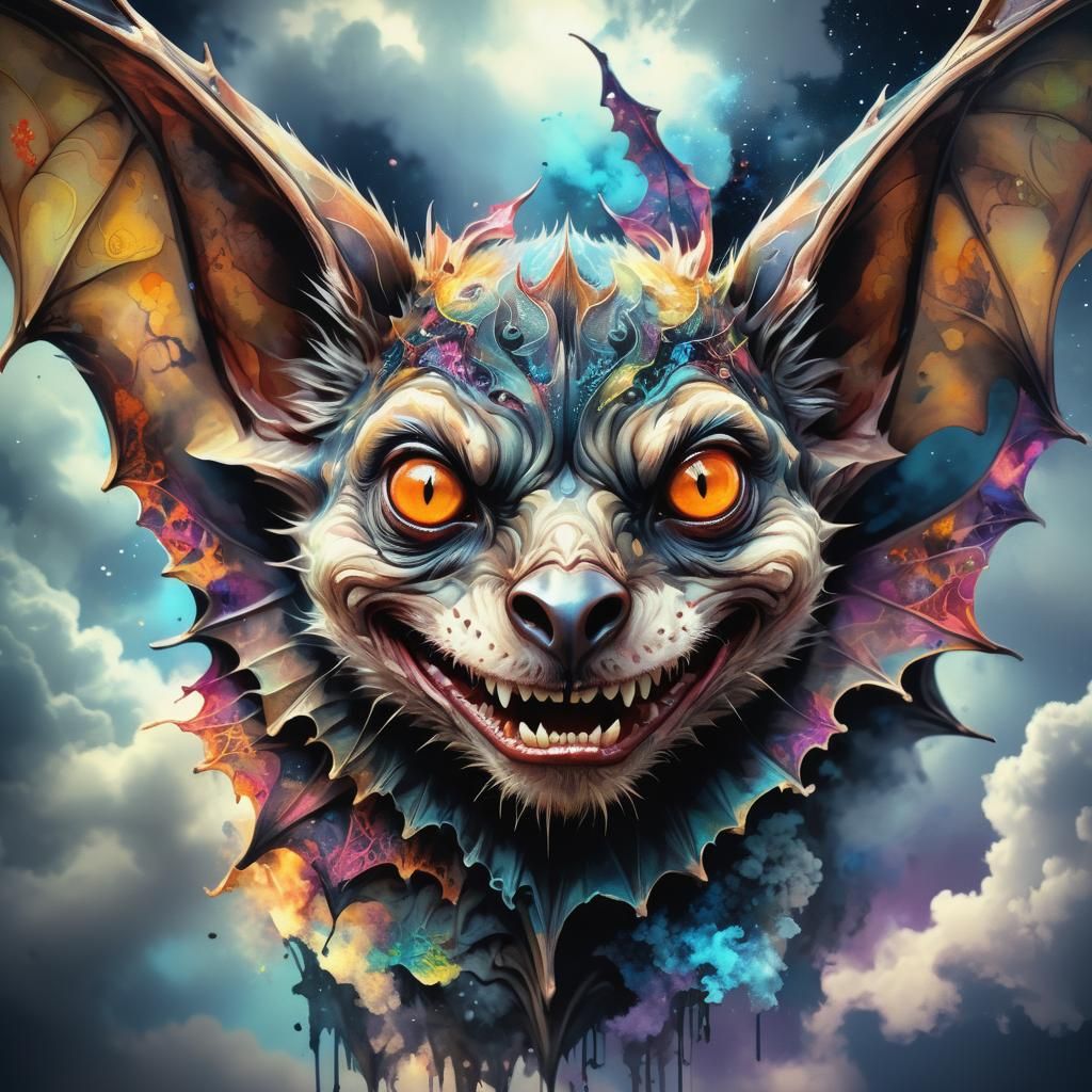 Detailed Bat Portrait with Smoke and Clouds