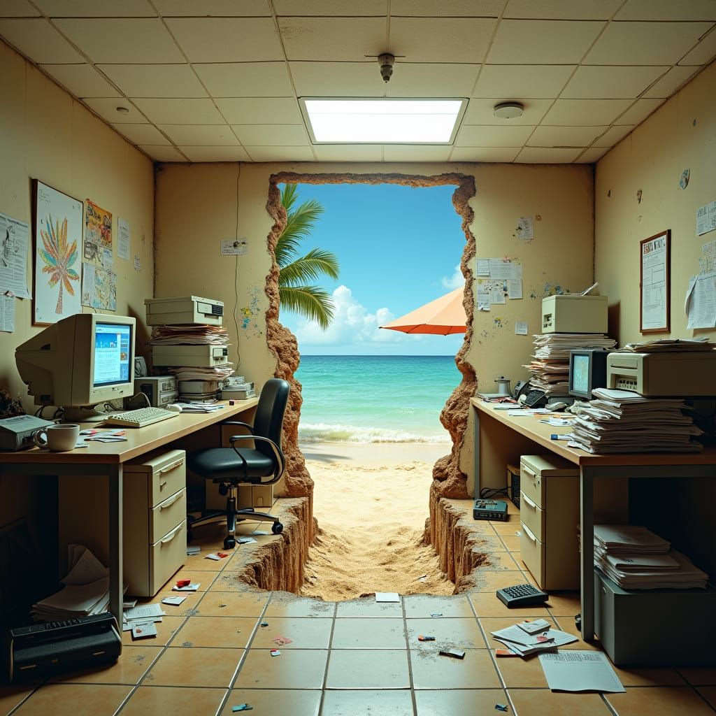 A hyper-realistic, surreal image of a chaotic and disorganized office that has a striking contrast between its mundane e...