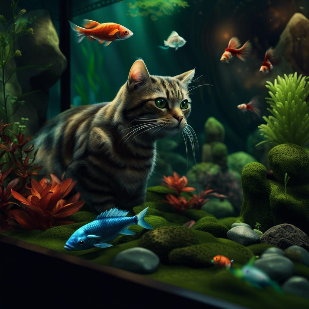 Cat Gazing at Fish Tank in Detailed Matte Painting