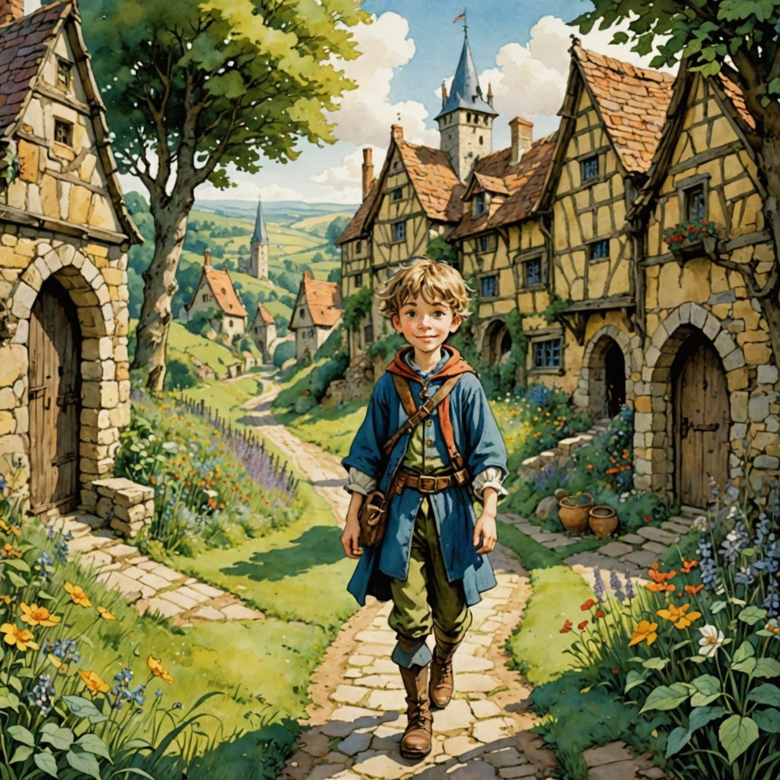 Anime Boy in Medieval Countryside Illustration