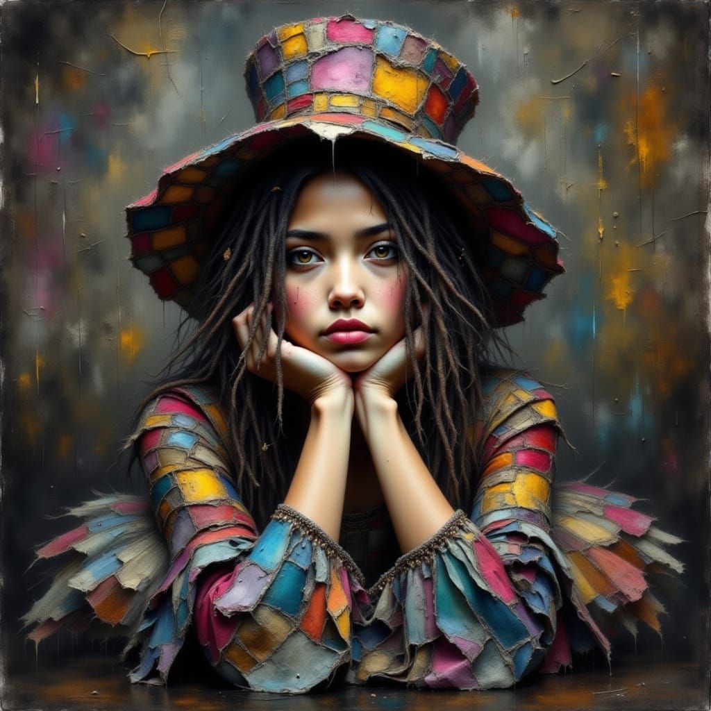 Teenage Girl in Colorful Dress, Chiaroscuro Oil and Ink