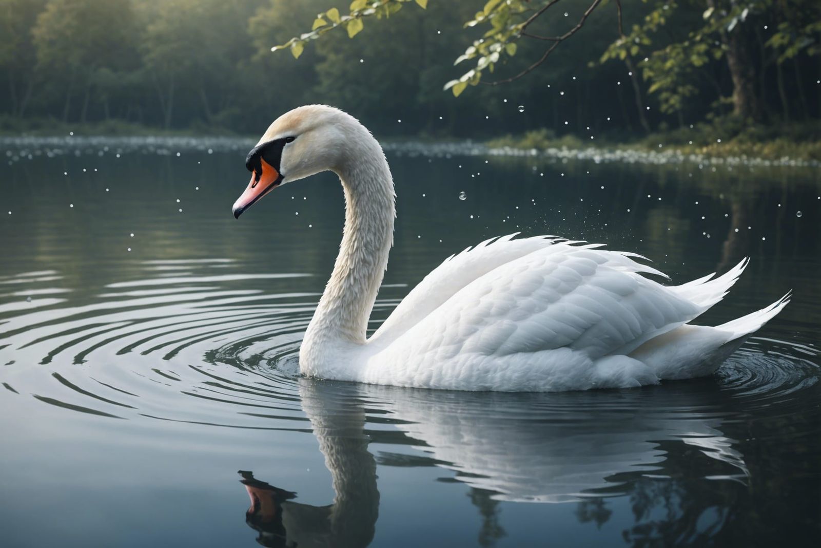 Elegant White Swan on Serene Lake in Digital Painting