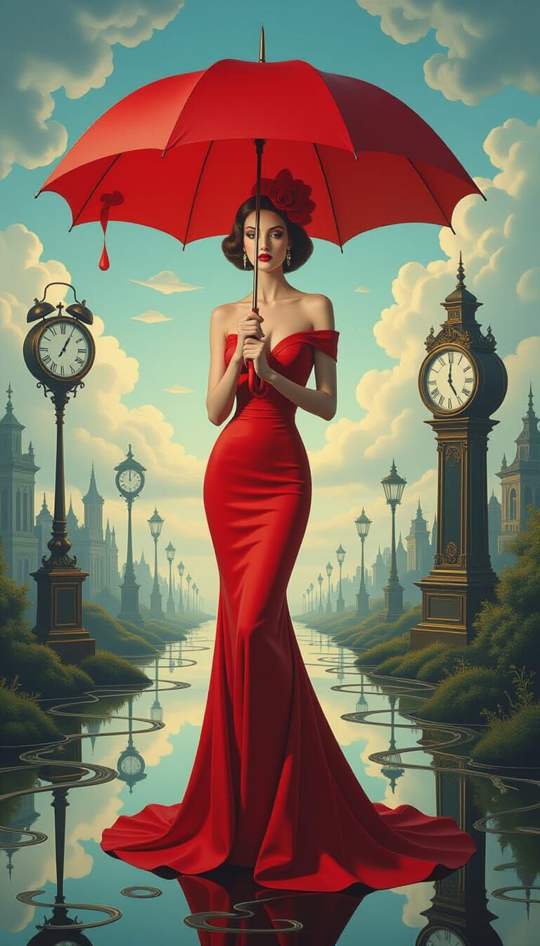 Dali-Inspired Surreal Figure with Giant Cherry Umbrella