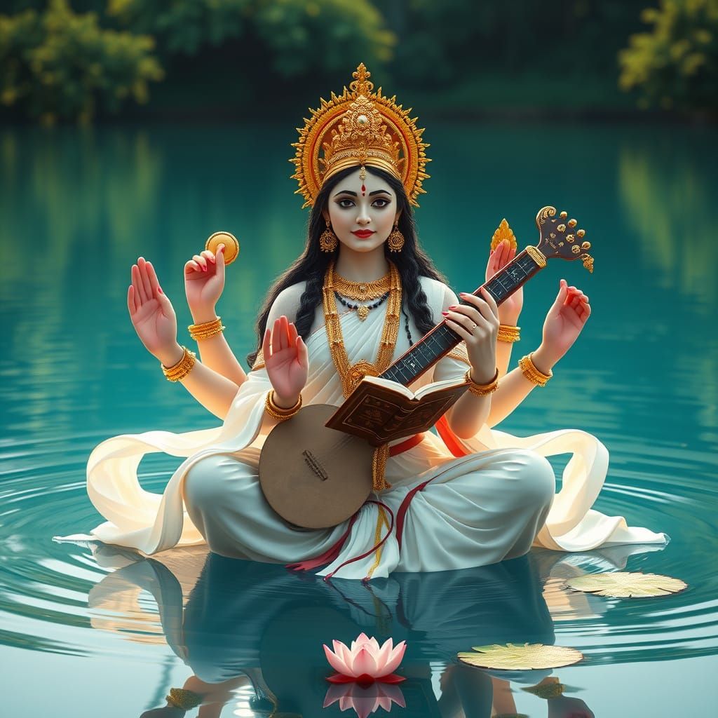 Ethereal Goddess of Music and Knowledge in Serene Lake
