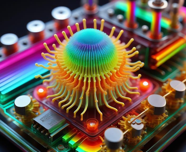 Tilt-Shift Photography of Colorful GPU with Futuristic Passive Cooling Device in Rainbow Hues