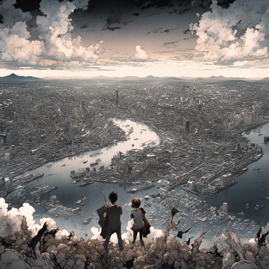 Anime View: People Photographing Ruined Cityscape