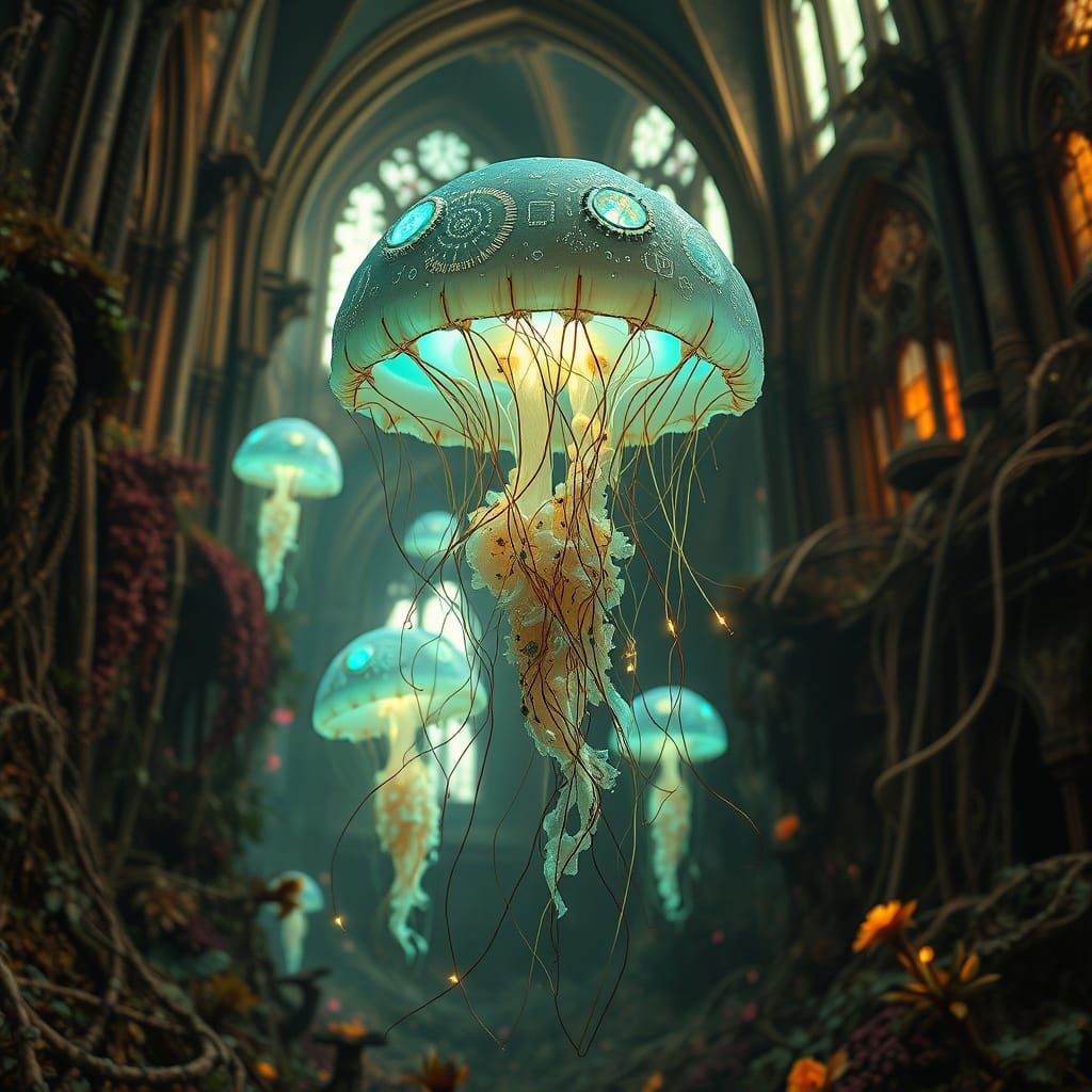 Bioluminescent Jellyfish in Gothic Cathedral, Surrealist Art