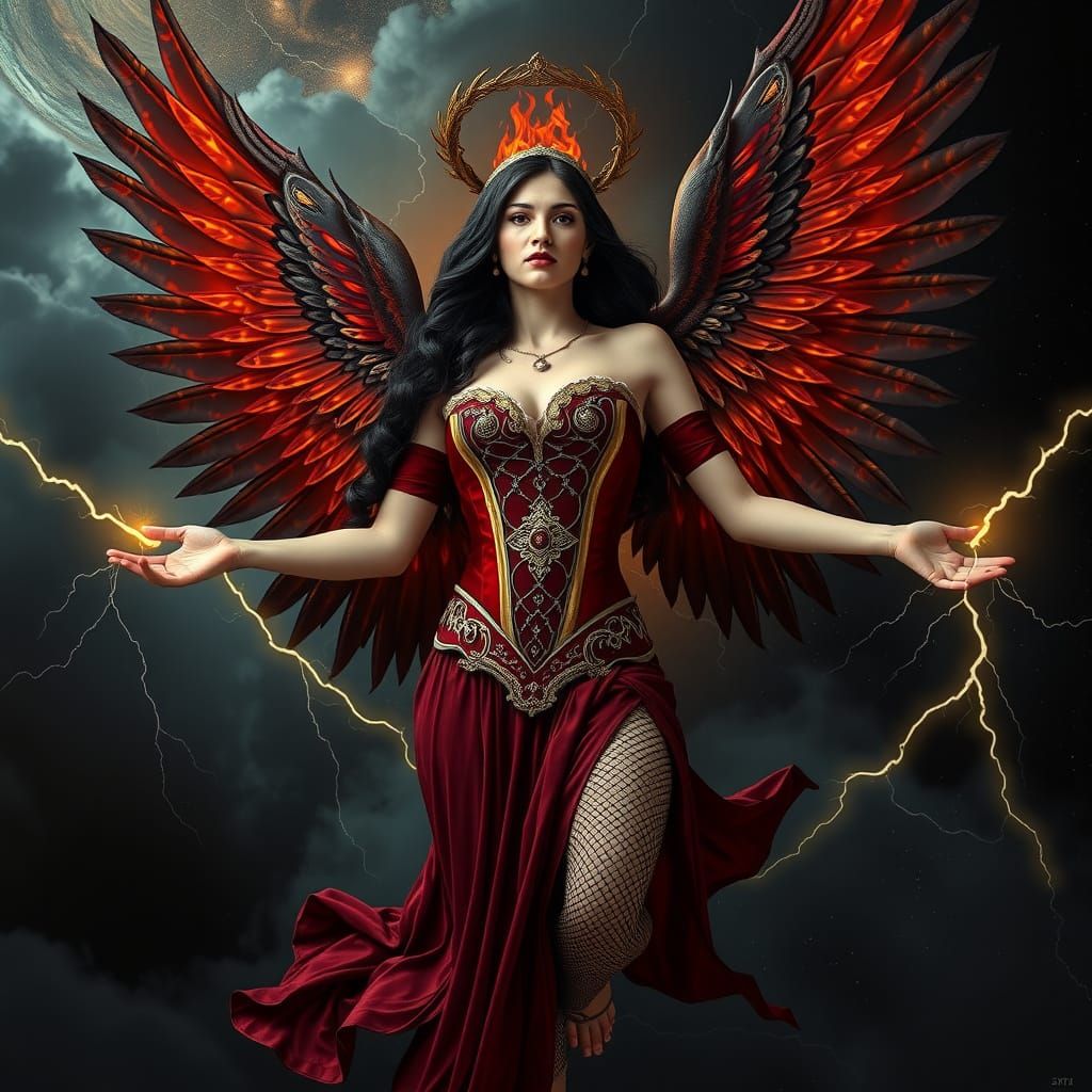 Divine Woman Descends Through Turbulent Stormy Skies in Maje...