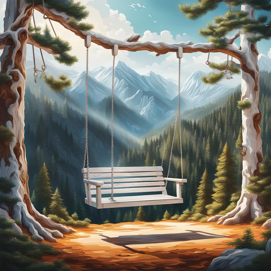 White Swing with Mountains and Pine Trees