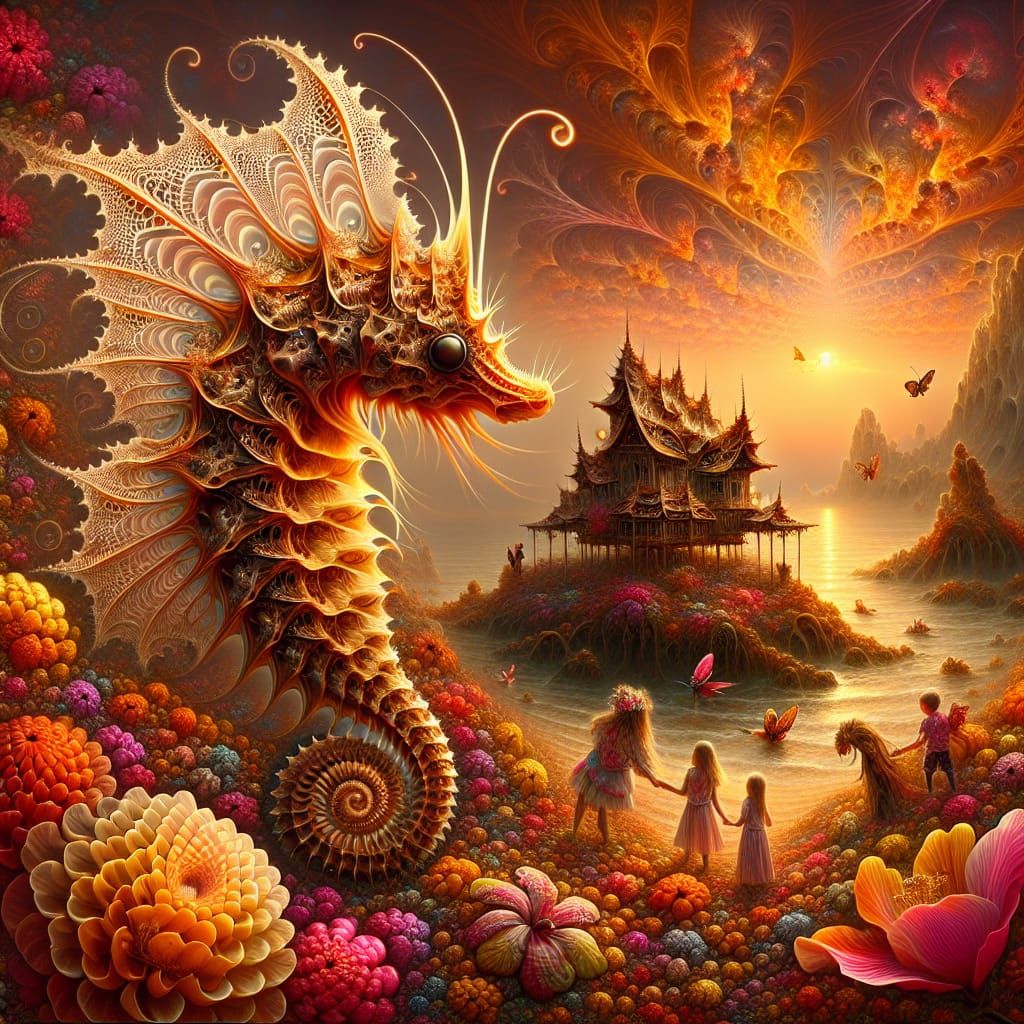 Shrimp-Seahorse Hybrid in Fractal Sunset Landscape