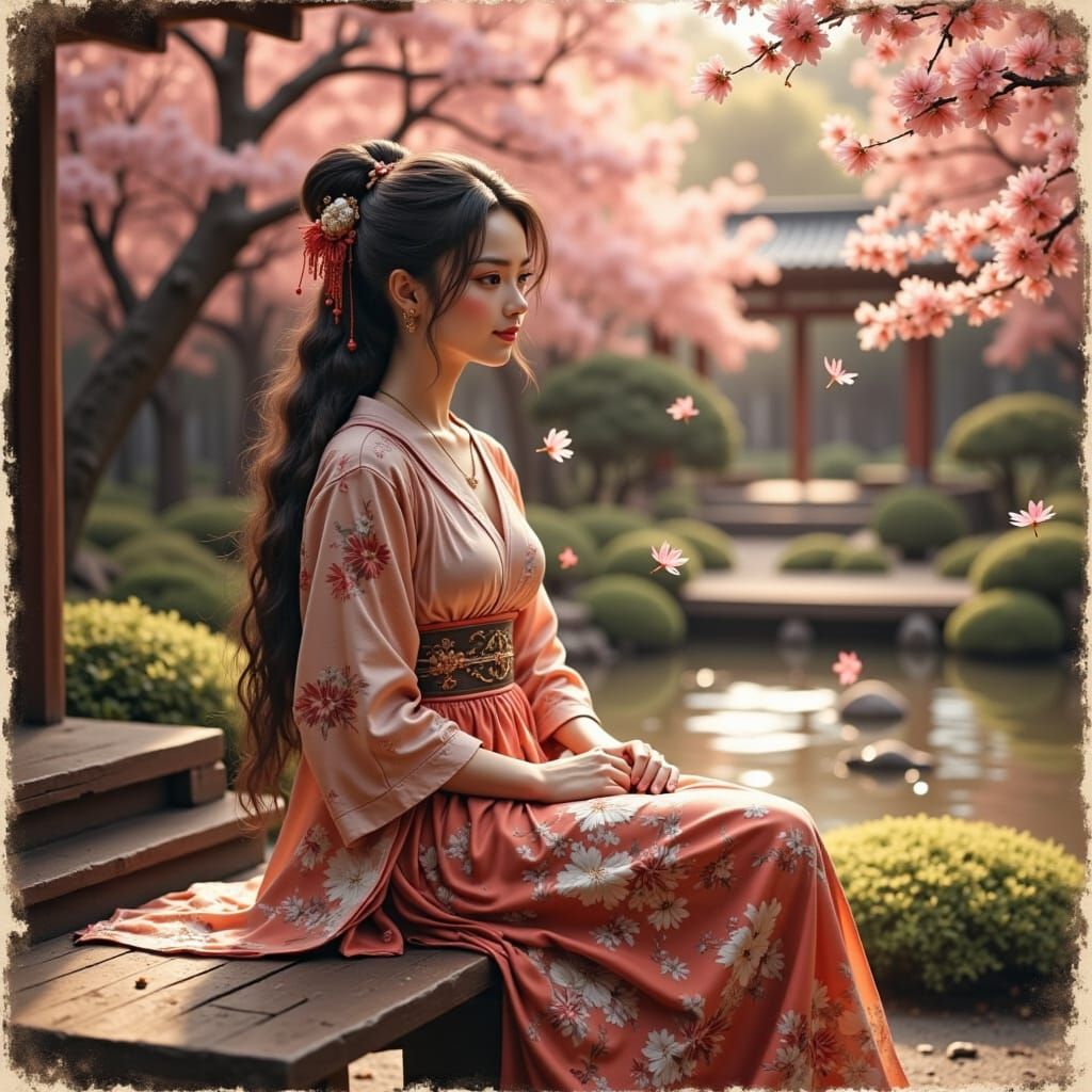 Japanese Woman in Zen Garden with Sakura