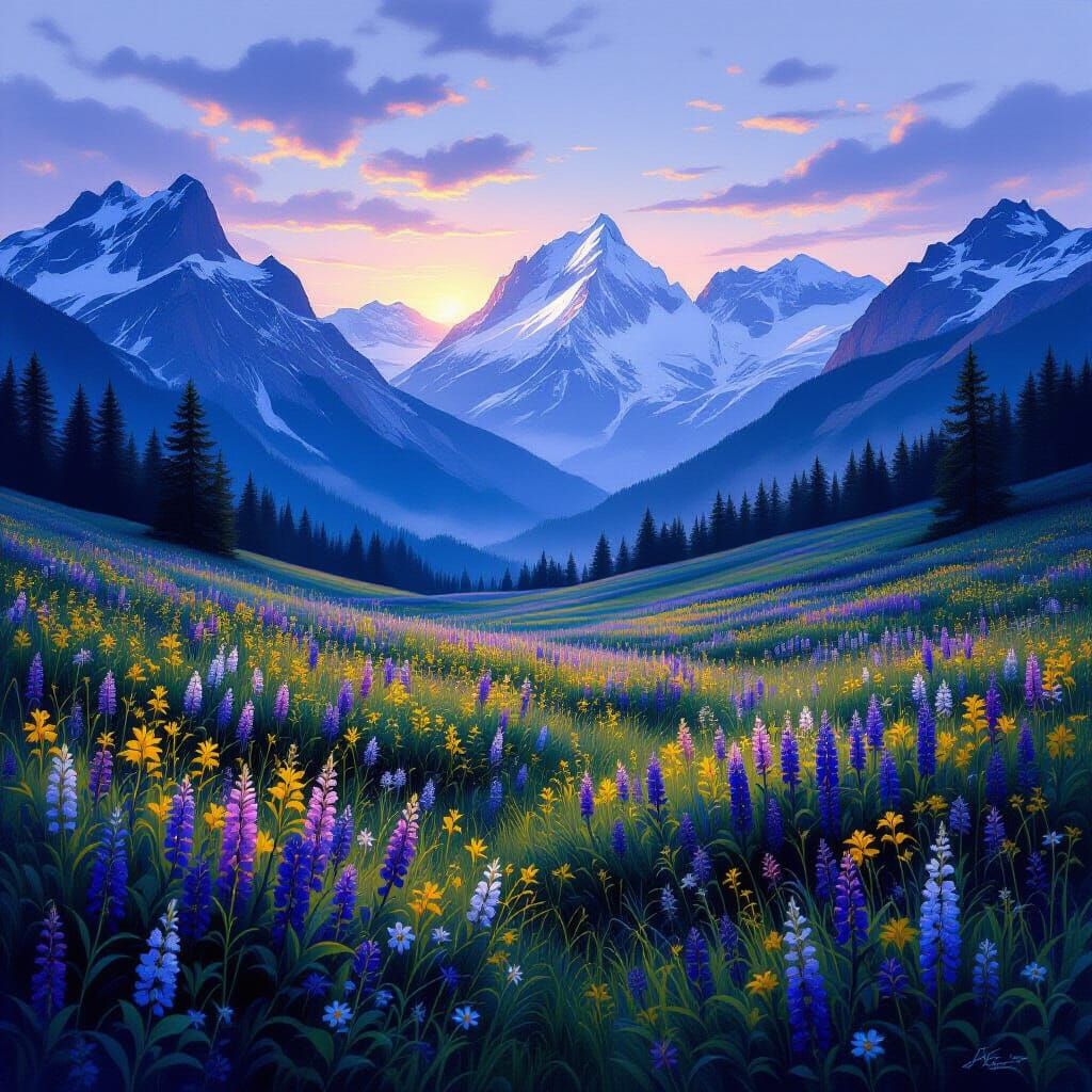 Hidden Alpine Meadow at Twilight in Romantic Style