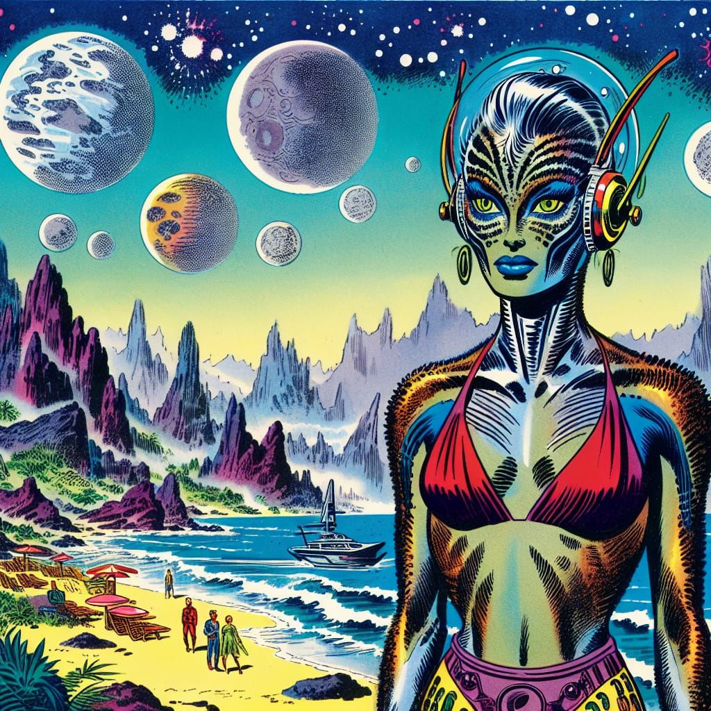 Alien Beach Beauty Under Multiple Moons: Comic Book Style