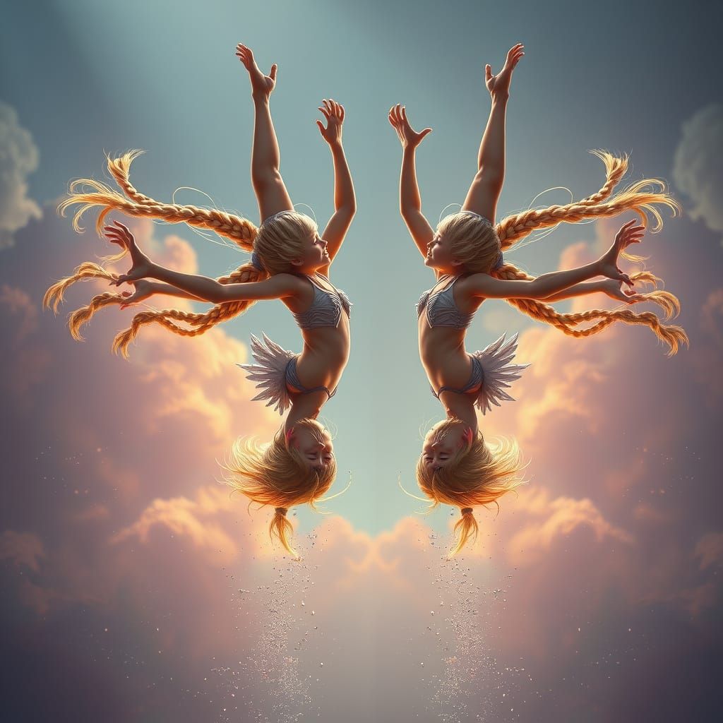 Sisters in Vibrant Somersaults, Detailed Matte Painting