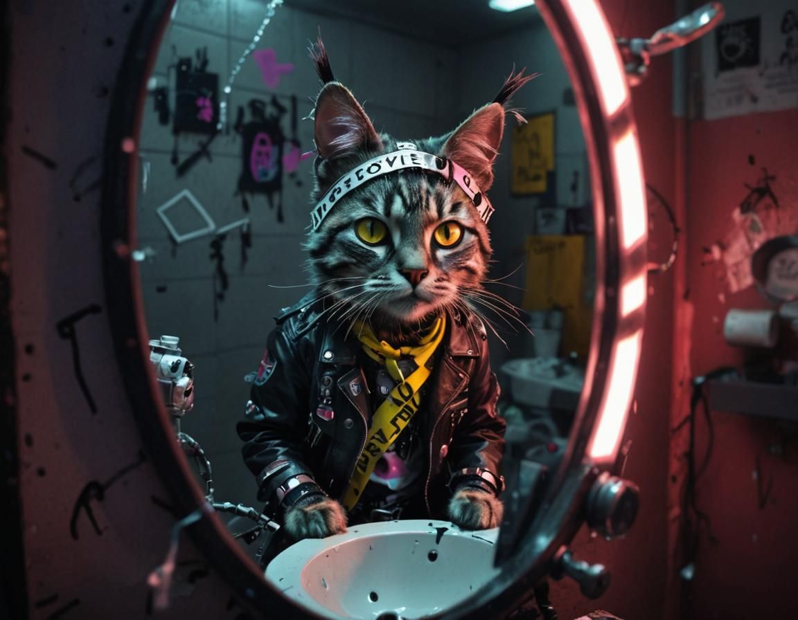 Gritty Cybernoir Punkcat in Broken Mirror