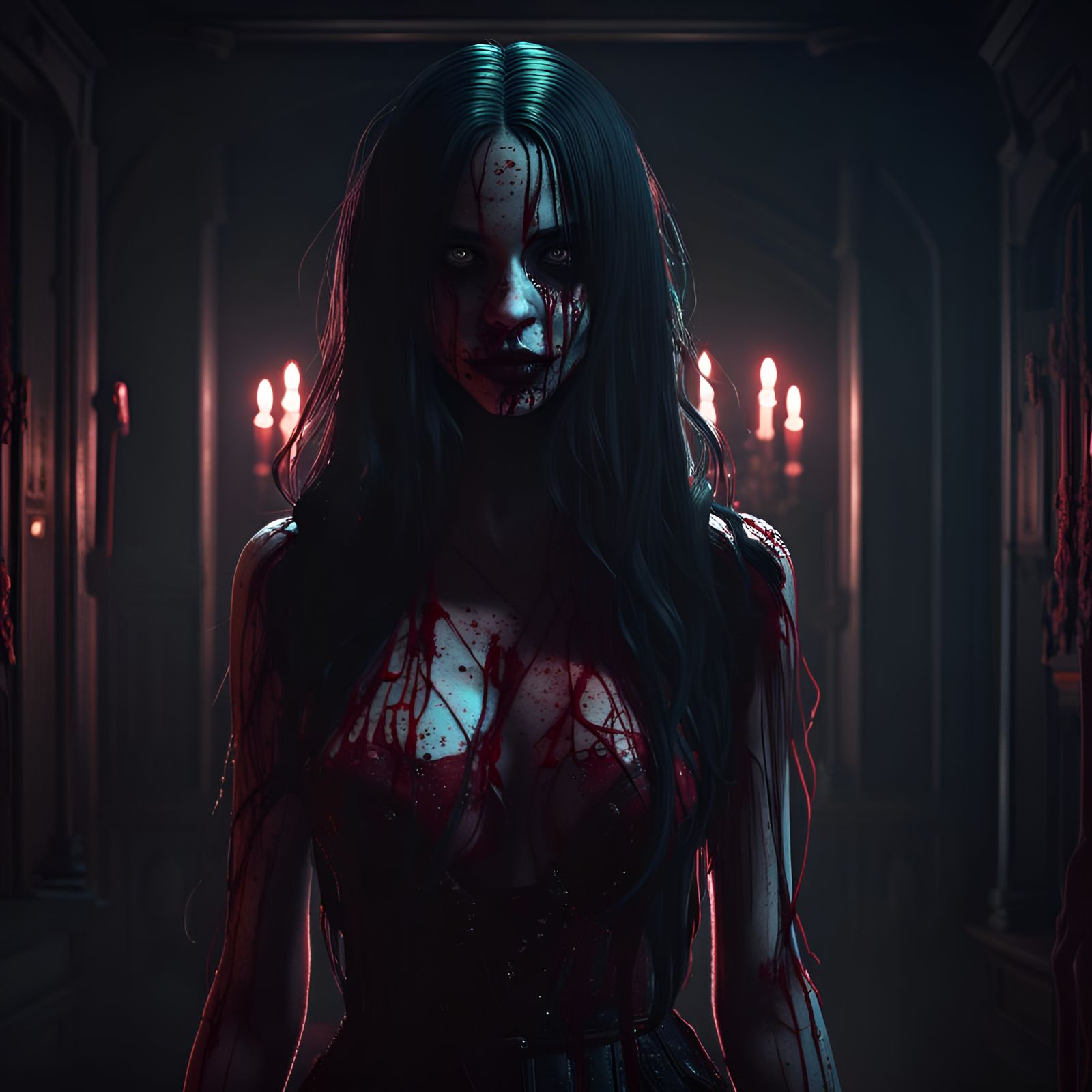 Creepy Dark Waifu in Bloody Outfit: VHS Horror