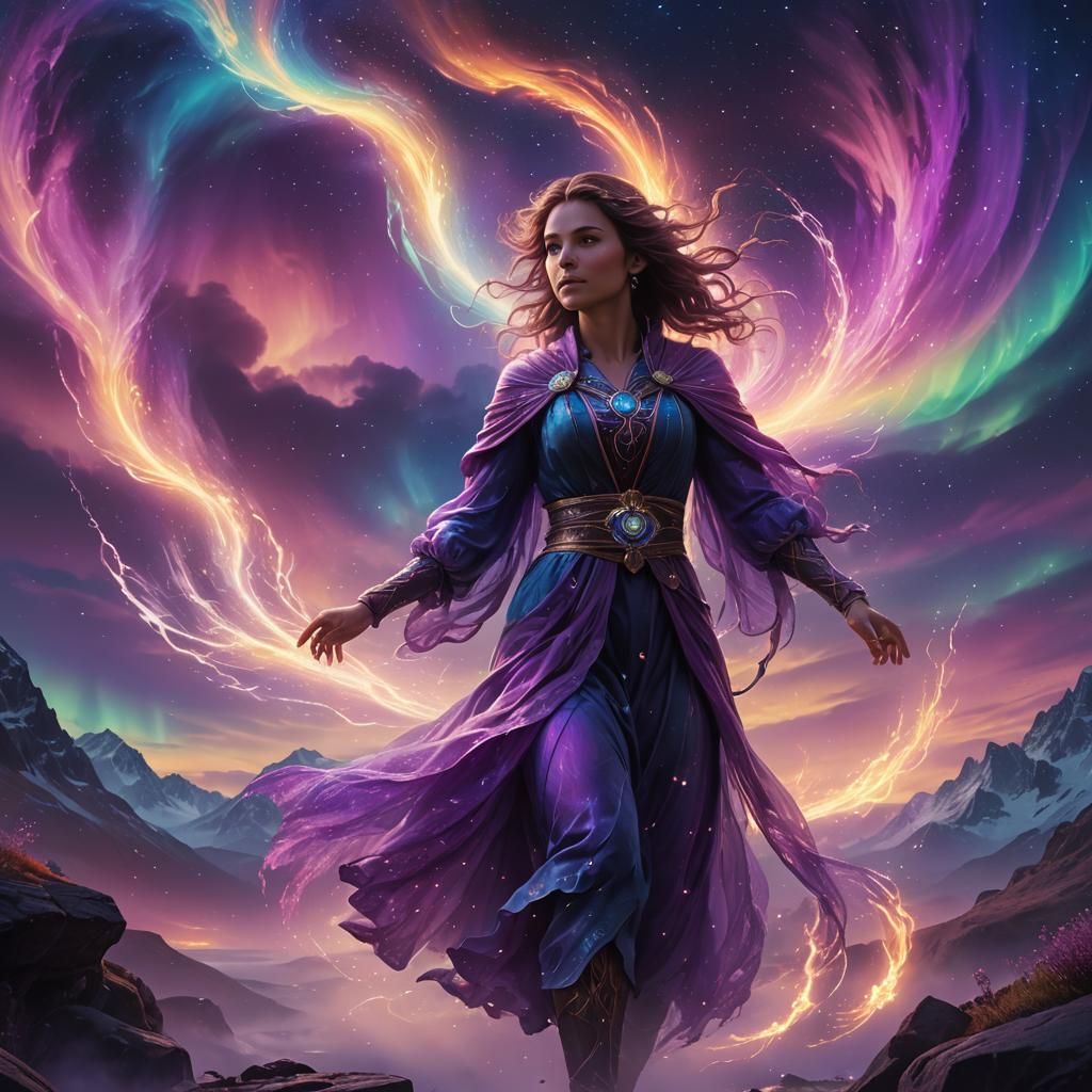 Mystical Being Manipulating Mana Under Aurora Borealis