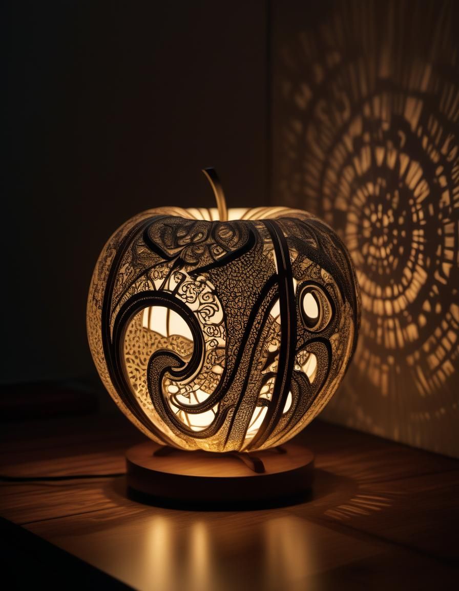 Beautiful carved apple lamp  with light shining through it, Asian motif, beautiful background, celestial ribbon, enchant...