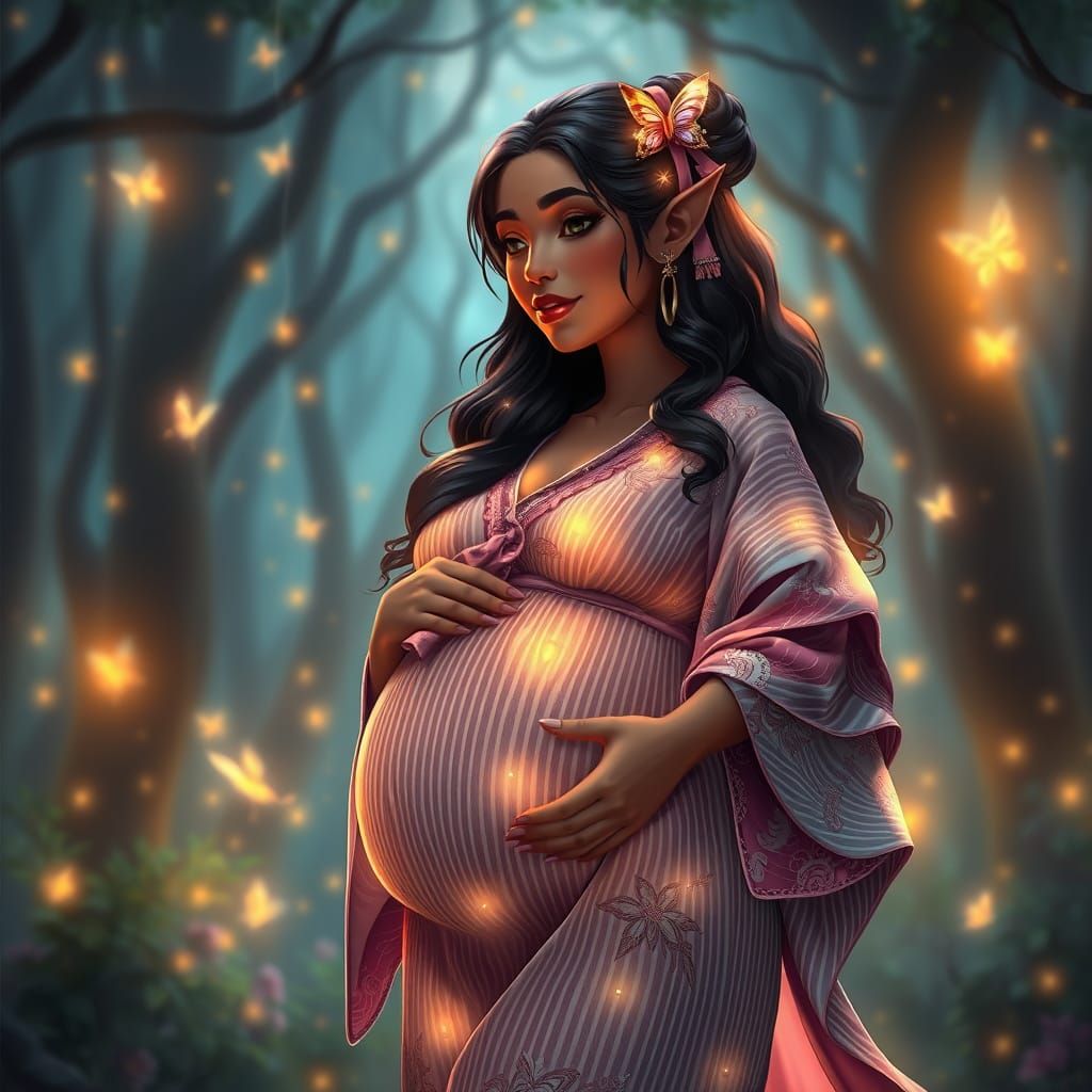 Enchanting Pregnant Elven Goddess with Radiant Glow and Myst...