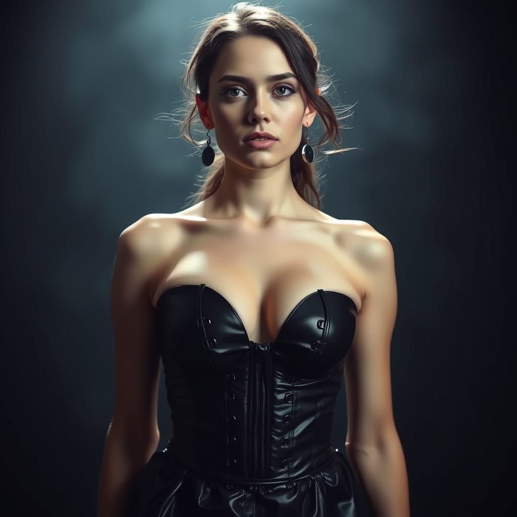 Confident Woman in Black Resin Corset and Latex Skirt Portra...