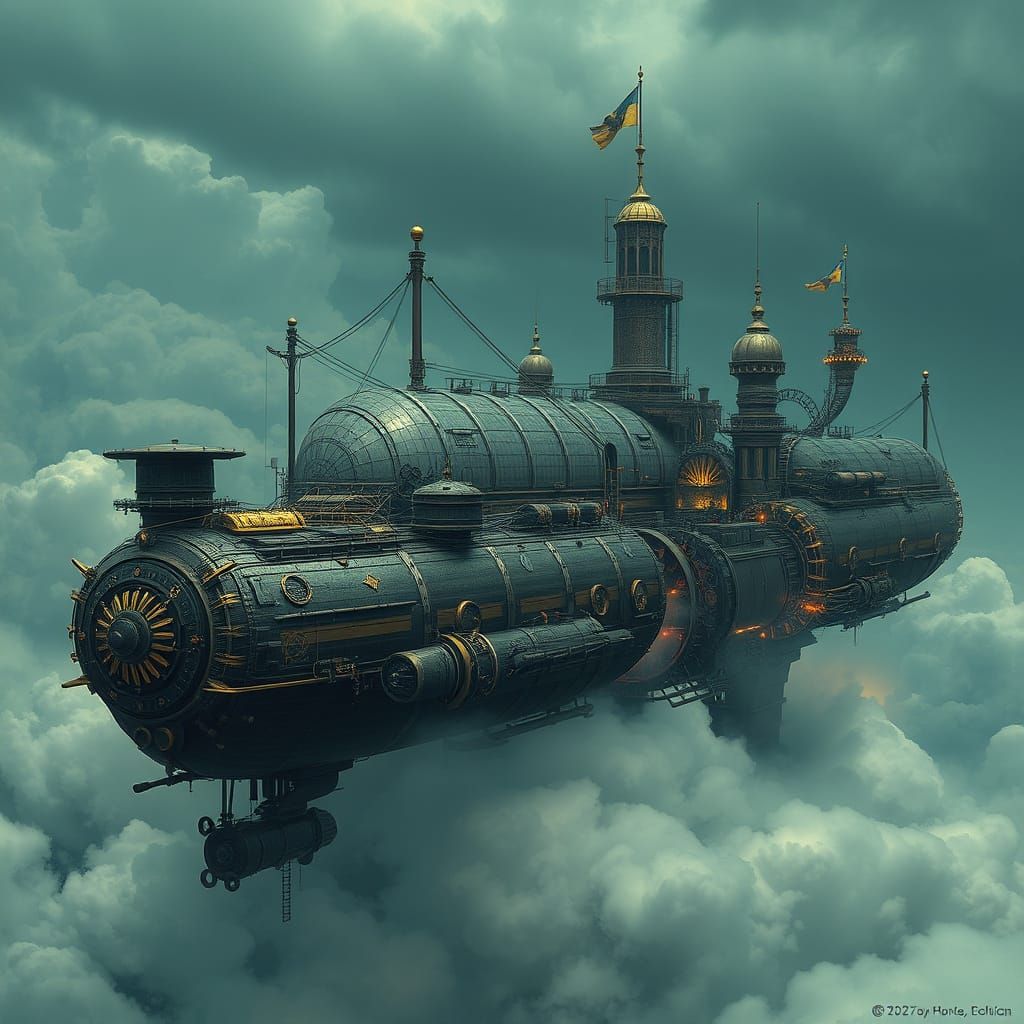 Gothic Airship Docks at Clockwork City Amidst Clouds