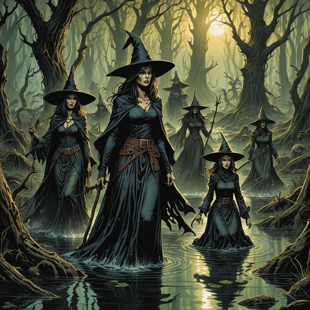 Witch Coven in a Swamp: Comic Book Art