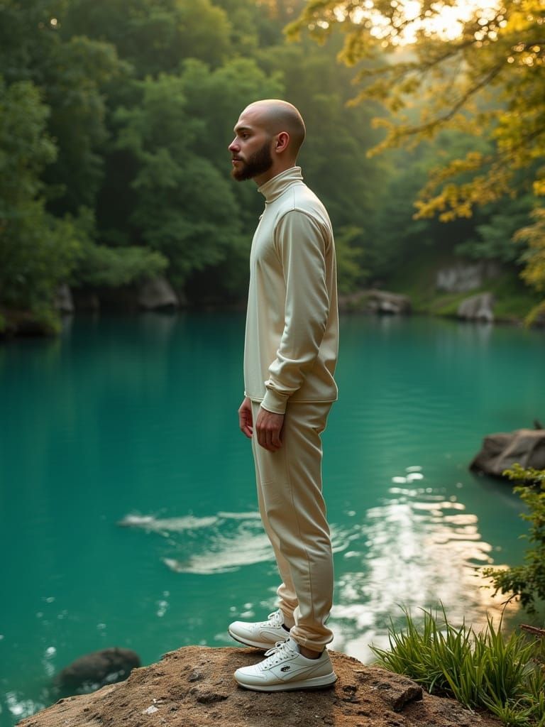 Youthful Man Contemplates at Plitvice Lakes National Park